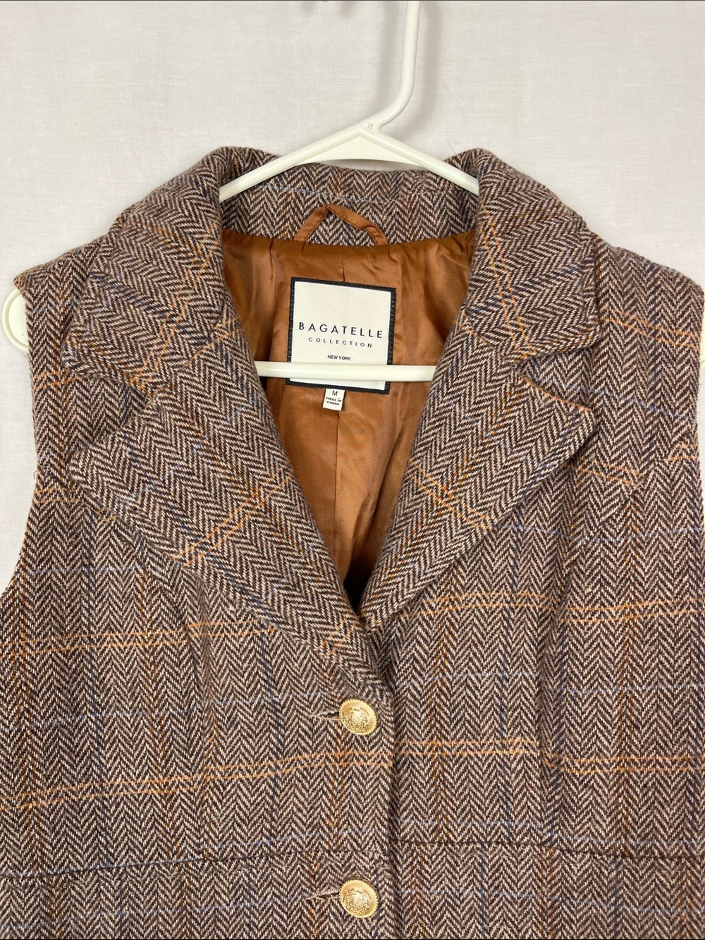 NWOT Bagatelle Collection New York Wool Blend Brown Tweed Button Up Vest - Picture 2 of 9